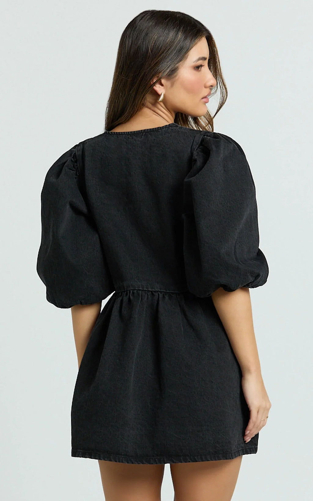 Shailene Mini Dress - Tie Front Puff Sleeve Recycled Denim Dress in Black Wash Panel