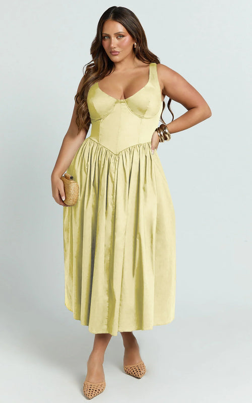 Beckett Midi Dress - Scoop Neck Drop V Waist Gathered Skirt Dress in Butter Yellow