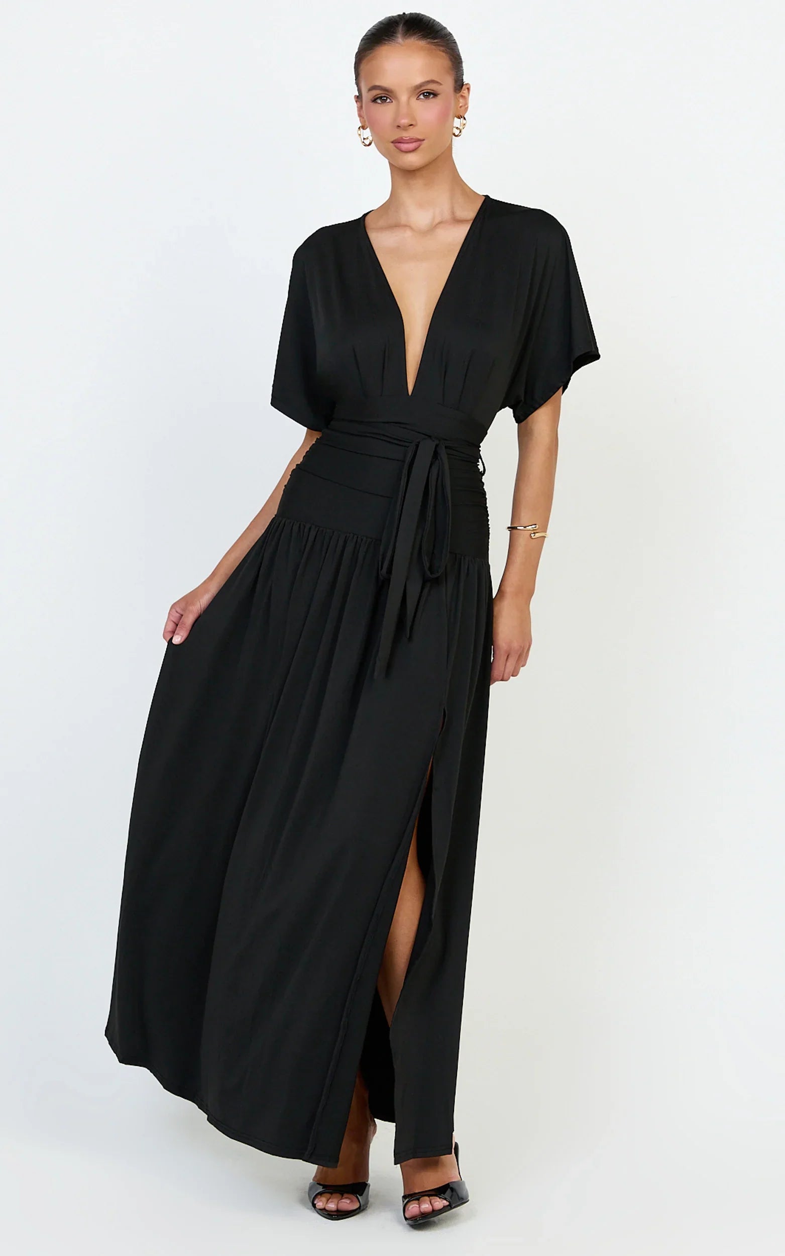 Liana Maxi Dress - Wide Sleeve Tie Waist Maxi Dress in Black