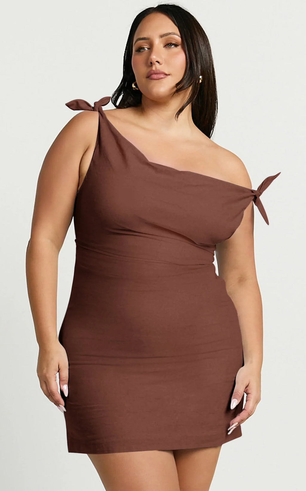 Jeofina Mini Dress - Off The Shoulder Linen Look Dress in Chocolate