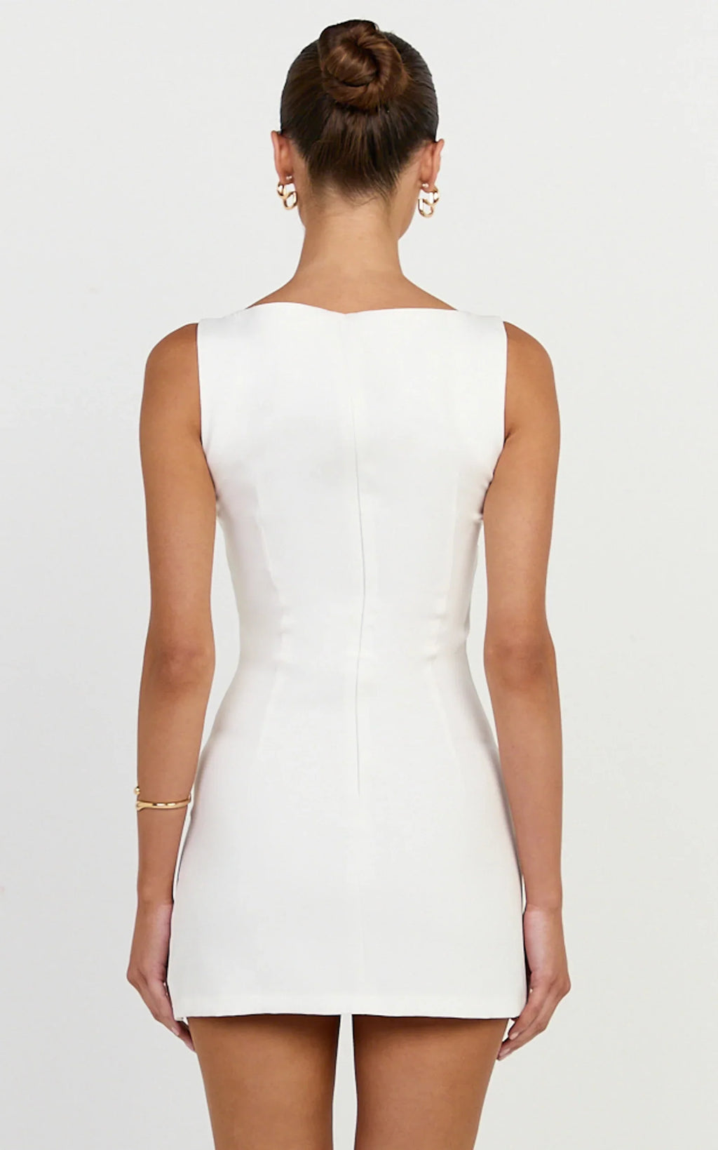 Adela Mini Dress - Mock Button Thru Boat Neck Dress in White