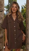 Maliha Button Up Mini Dress - Chocolate Denim