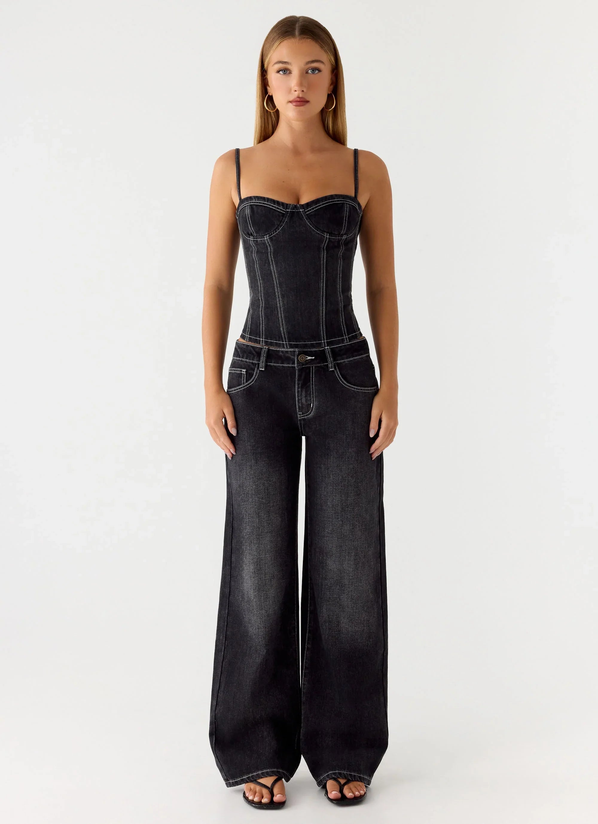 Nathan Denim Corset Top - Washed Black