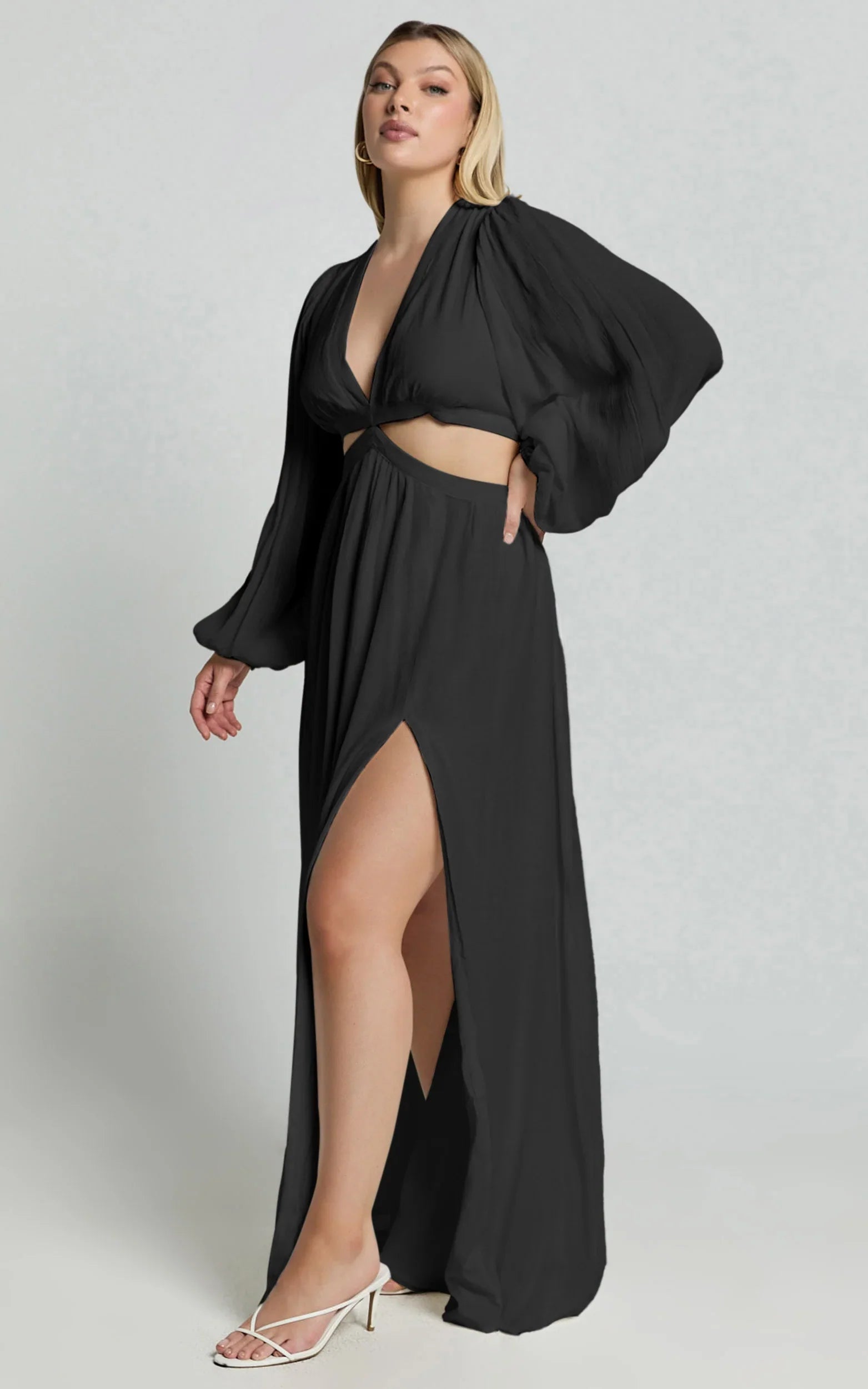 Paige Maxi Dress - Side Cut Out Balloon Sleeve Dress in Black