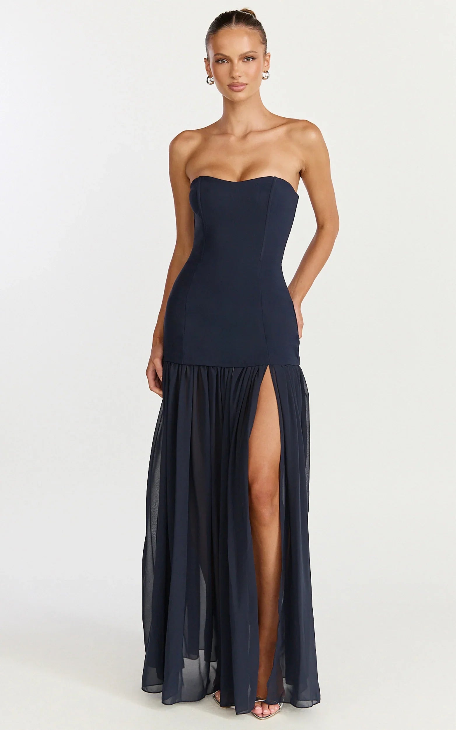 Jocelyn Maxi Dress - Strapless Ruched Fit And Flare Dress in Navy