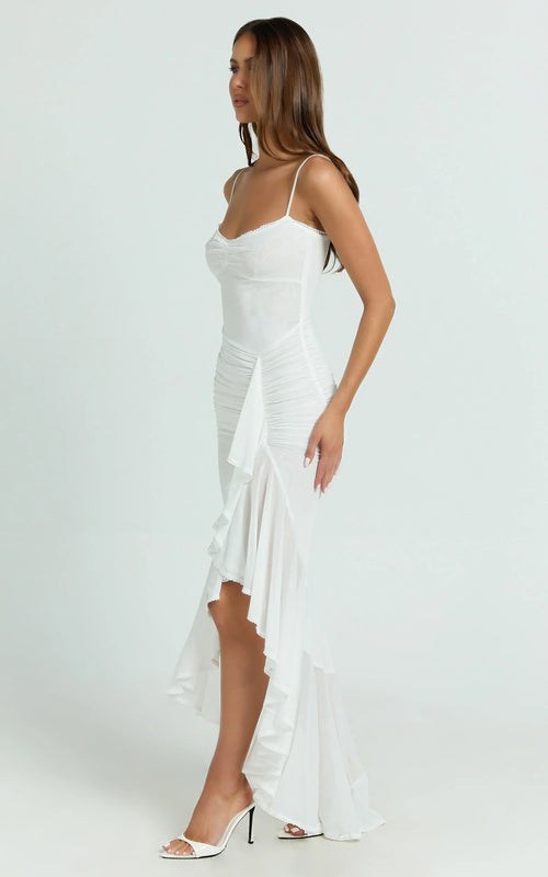 Brionna Maxi Dress - Lace Neck Ruched Ruffle Hem Dress in White
