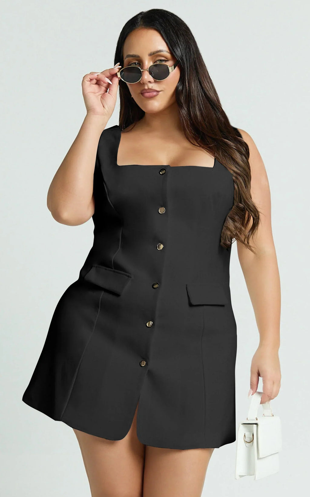 Kenna Mini Dress - Square Neck Button Down Mini Dress in Black