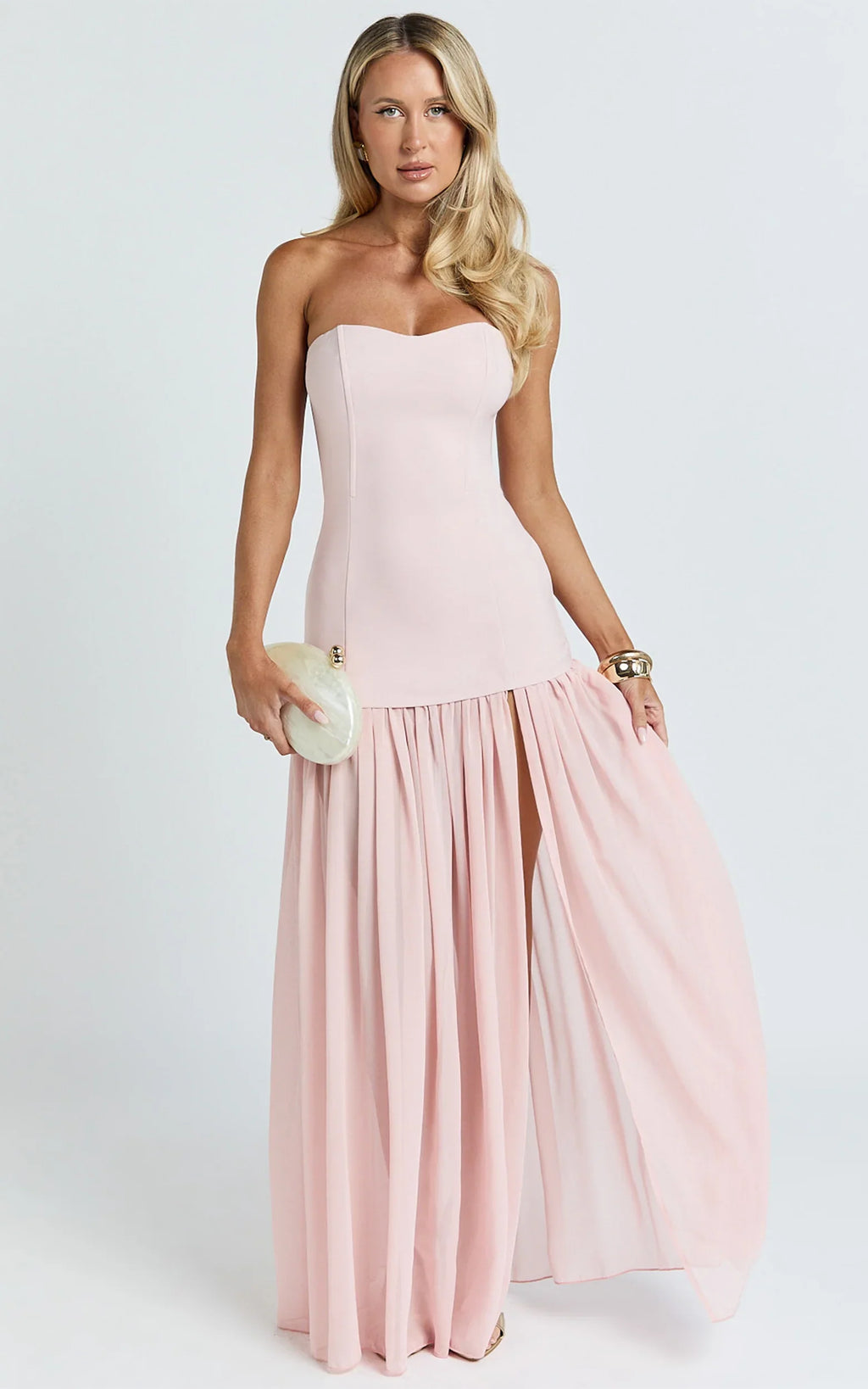 Jocelyn Maxi Dress - Strapless Ruched Fit And Flare Dress in Pink