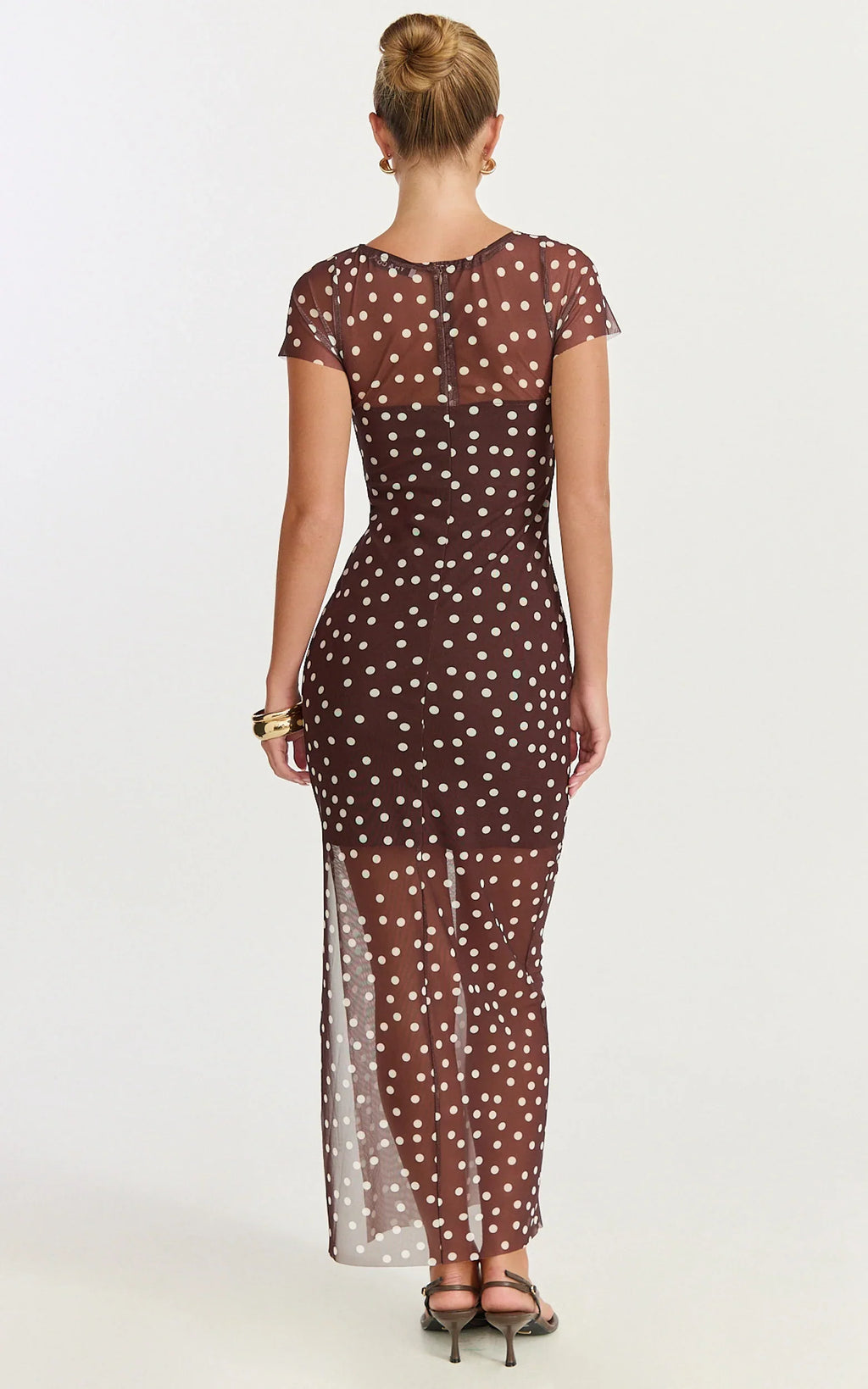 Colette Maxi Dress - Mesh Tshirt Dress in Chocolate Polka Dot