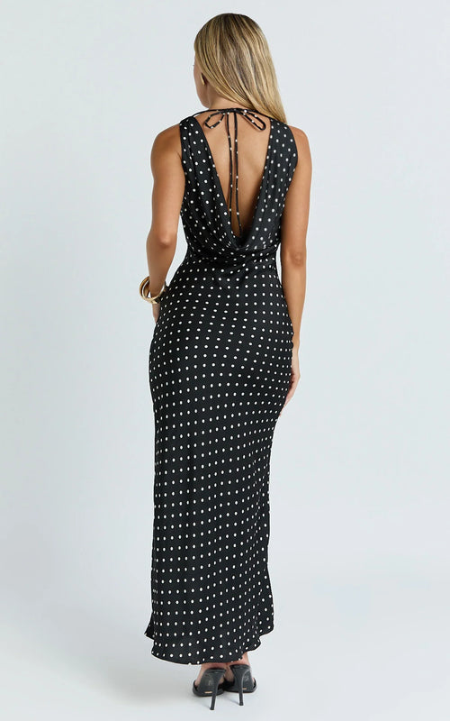 Blanca Midi Dress - Cowl Neck Bias Cut Dress in Black Polka Dot