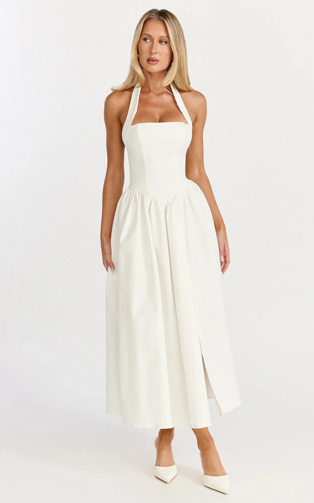 Helda Midi Dress - Halter Tie Neck Corset Panel Dress in Off White
