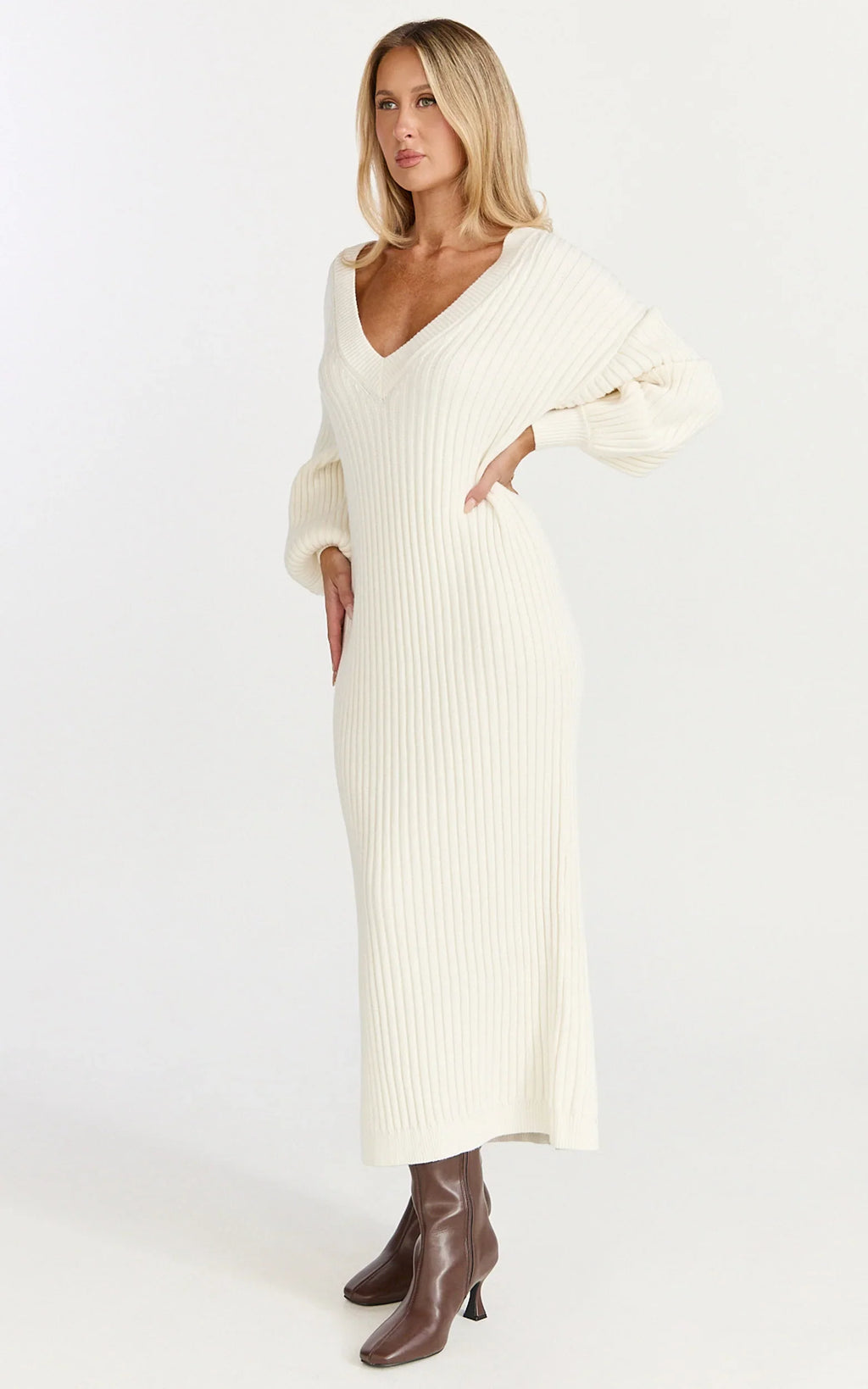 Kartia Midi Dress - V Neck Knit Dress in Off White