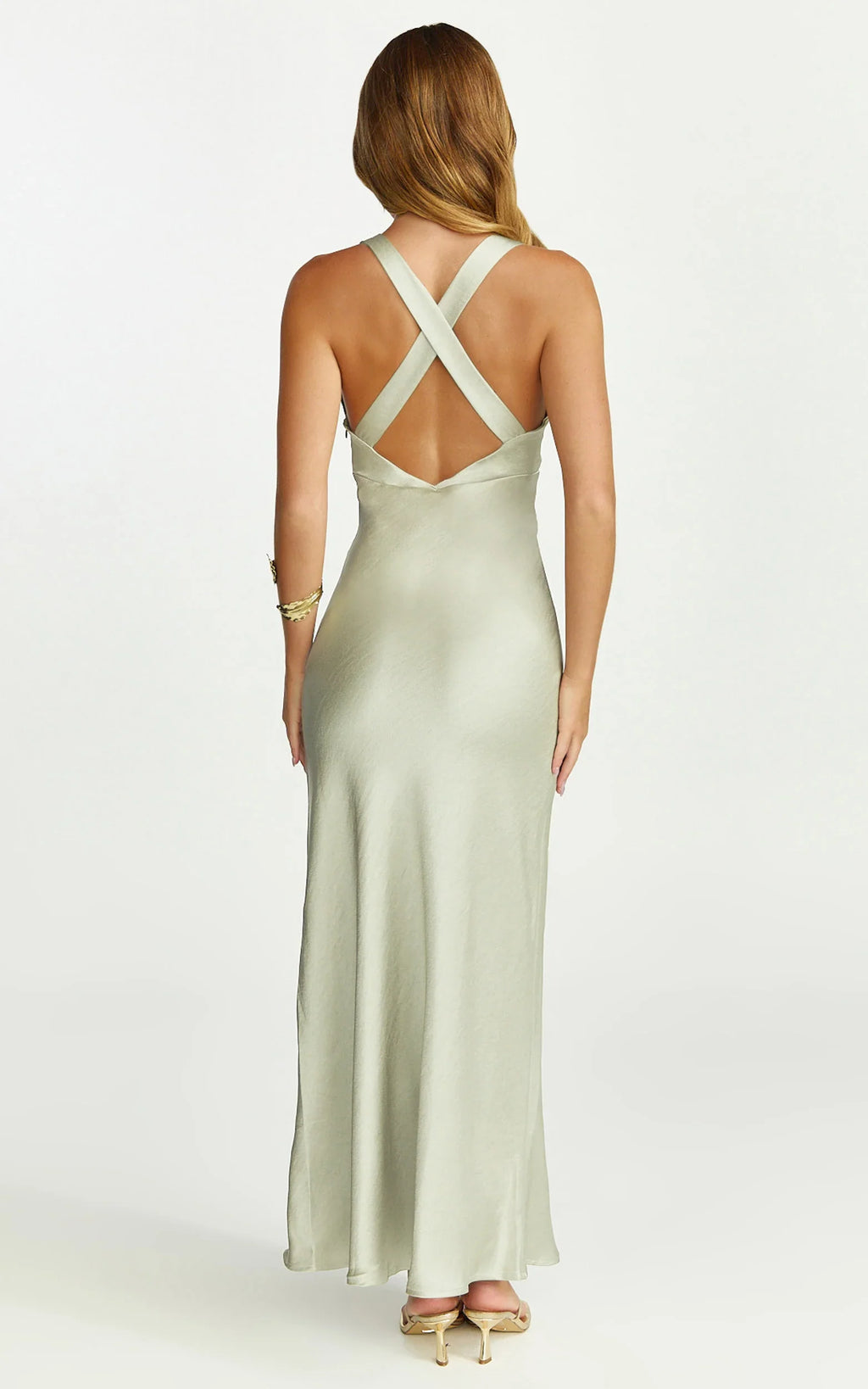 Khalani Maxi Dress - Deep V Neck Satin Slip Dress in Light Olive
