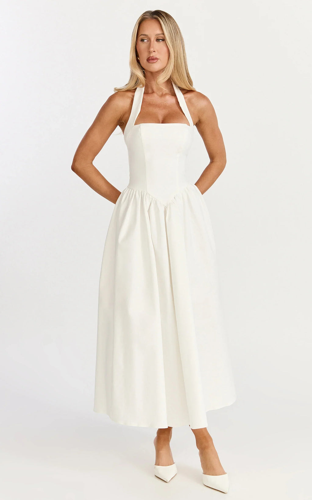 Helda Midi Dress - Halter Tie Neck Corset Panel Dress in Off White