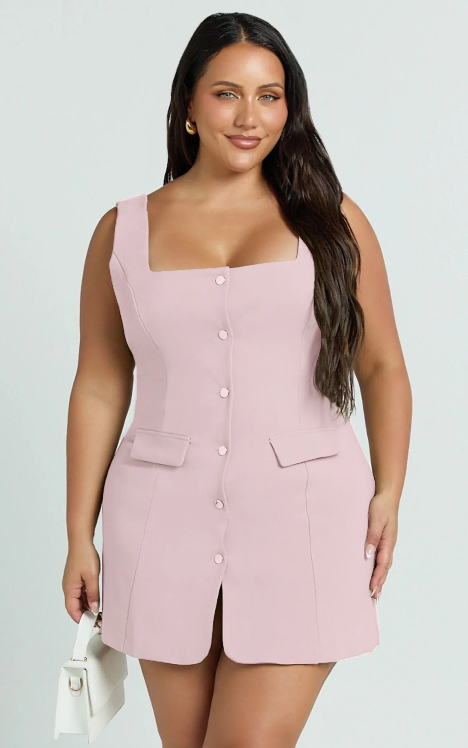 Kenna Mini Dress - Square Neck Button Down Mini Dress in Pink