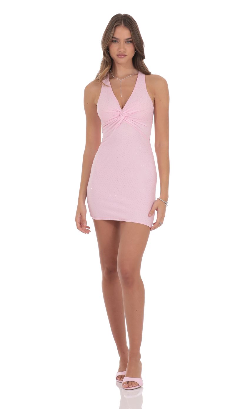 Rhinestone TwistV-Neck Dress in Pink