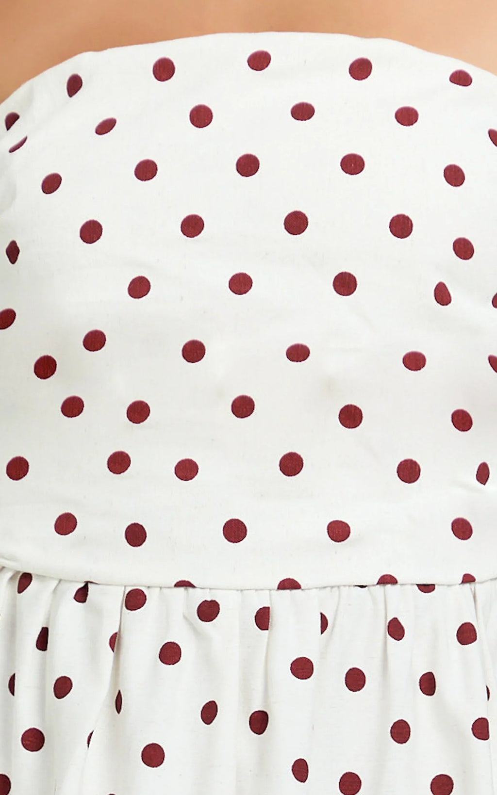 Polly Midi Dress - Strapless Ruched Dress in Red Polka Dot